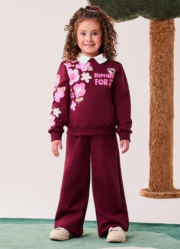 Conjunto de Moletom Bordo com Flores Vermelho
