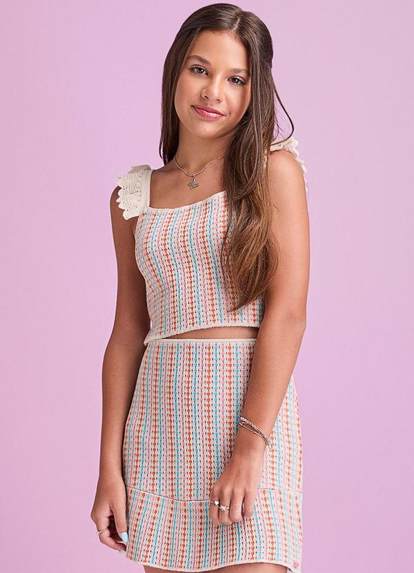 Conjunto de Tricot com Bordado Colorido Bege