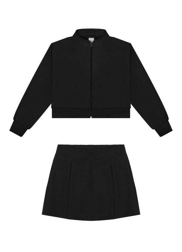 Conjunto em Moletom com Saia e Jaqueta Preto