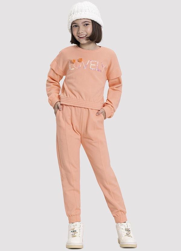 Vista 2 Conjunto Infantil Menina em Moletom com Bordado Salmão Alakazoo Alakazoo