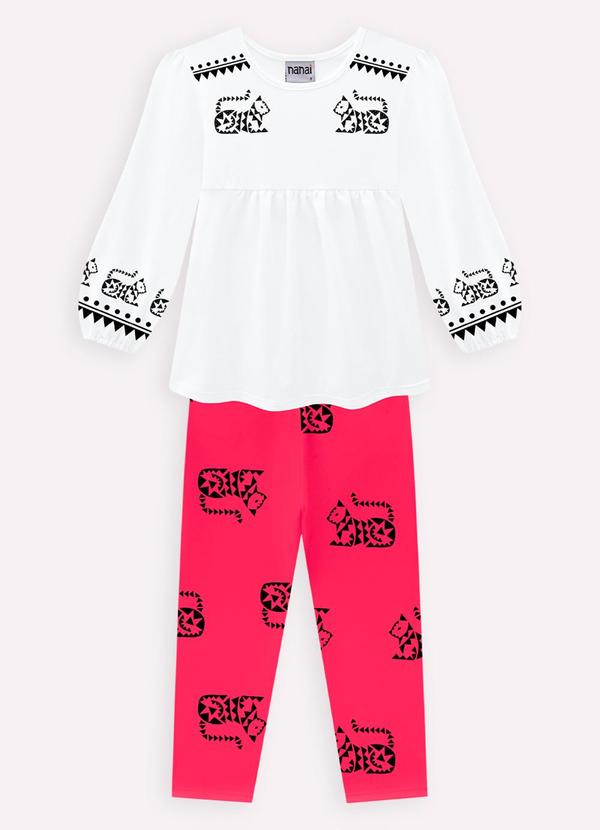 Vista 2 Conjunto Infantil Menina Gatinhos Branco Nanai Nanai