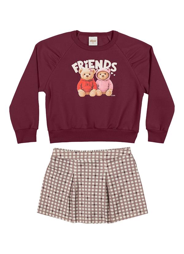 Conjunto Infantil Menina Xadrez Ursinhos Bordo