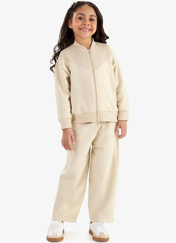 Conjunto Jaqueta com Wide Leg Moletom Bege