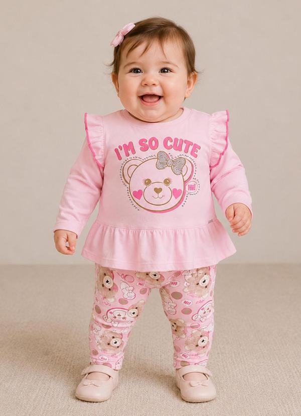 Conjunto Longo Bebê Menina Ursa Rosa