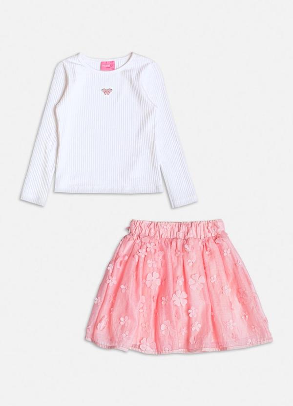 Conjunto Manga Longa de Tule Floral 3d Rosa
