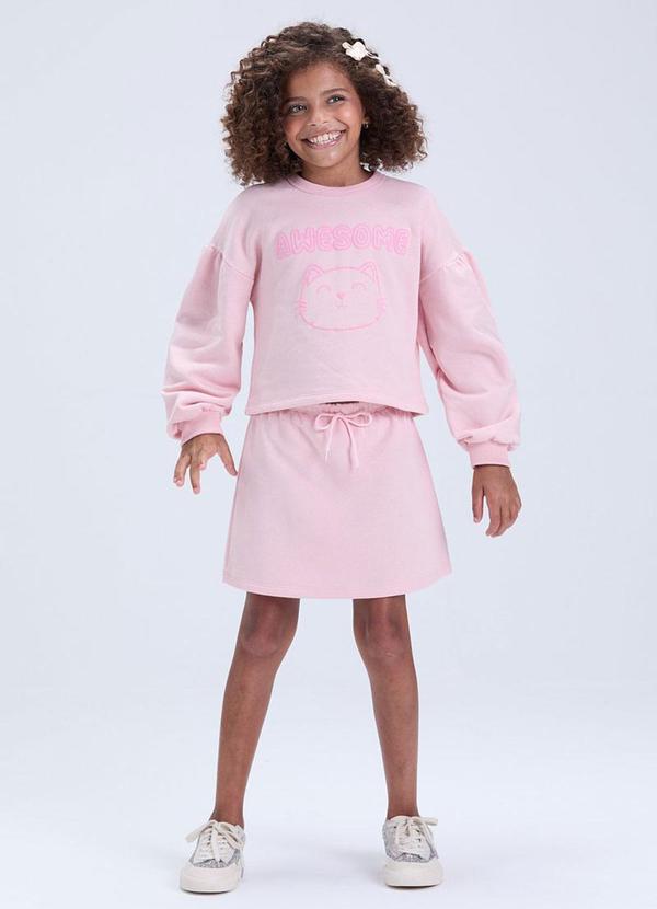 Conjunto Moletom Cropped Gatinho com Saia Rosa