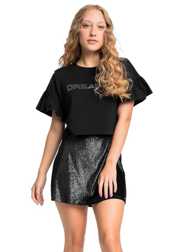 Conjunto Blusa Cropped Saia Brilhante Preto