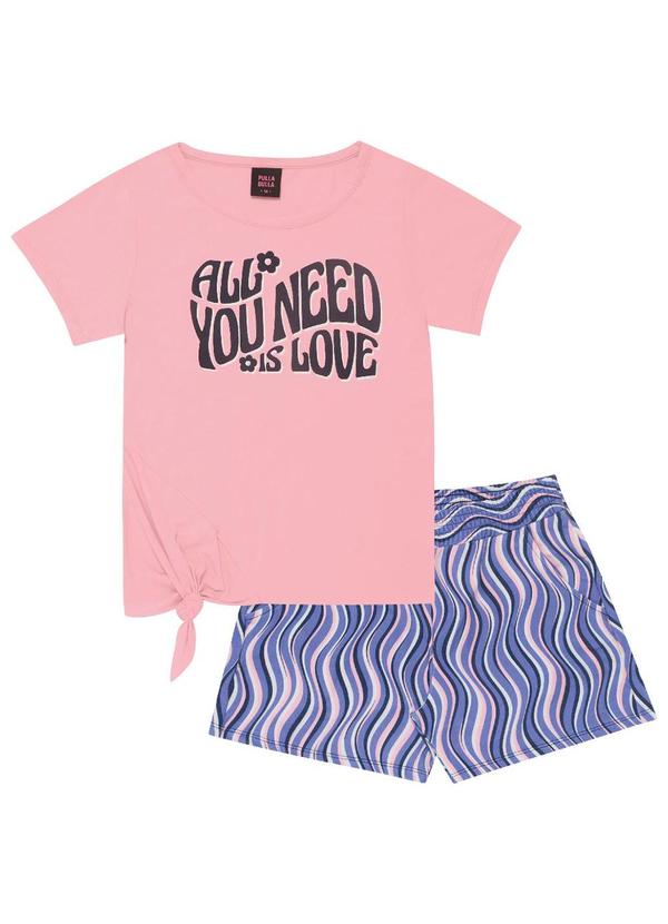 Vista 2 Conjunto Manga Curta Meia Malha Menina Rosa Pulla Bulla Pulla Bulla