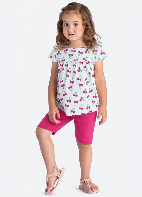 Conjunto Bata Cereja Listras e Bermuda Rosa