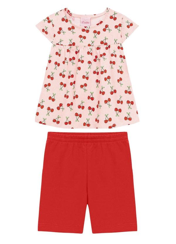 Conjunto Bata Cereja Listras e Bermuda Vermelho