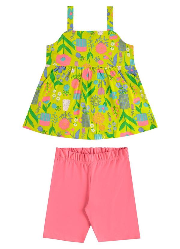 Conjunto Bata Floral e Bermuda Verde