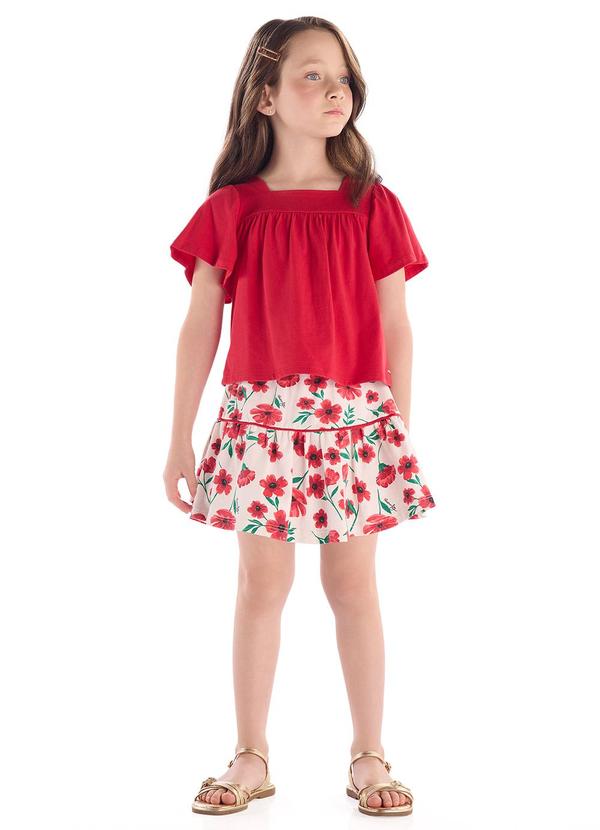 Conjunto Bata Lisa Saia Estampado Vermelho