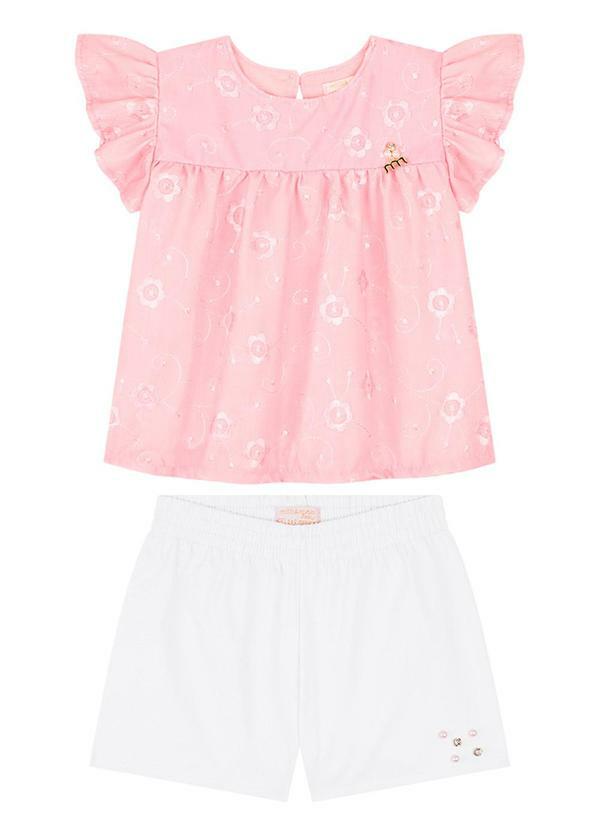 Conjunto Bebê Blusa Bata e Shorts em Sarja Rosa