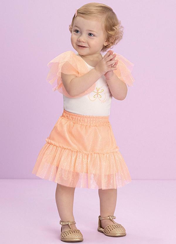 Conjunto Bebê Blusa e Saia em Tule Brilho Bege