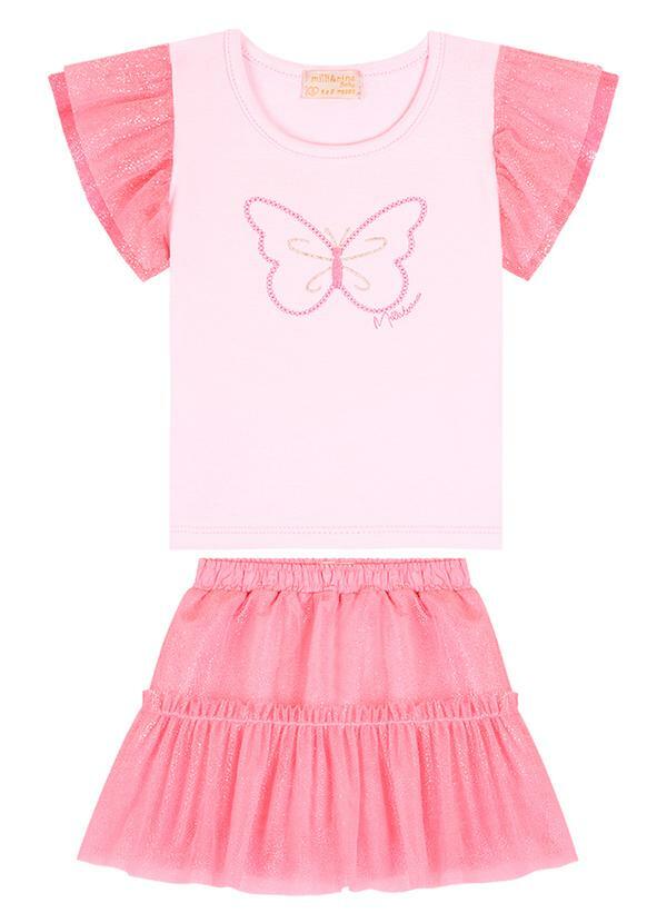 Conjunto Bebê Blusa e Saia em Tule Brilho Rosa