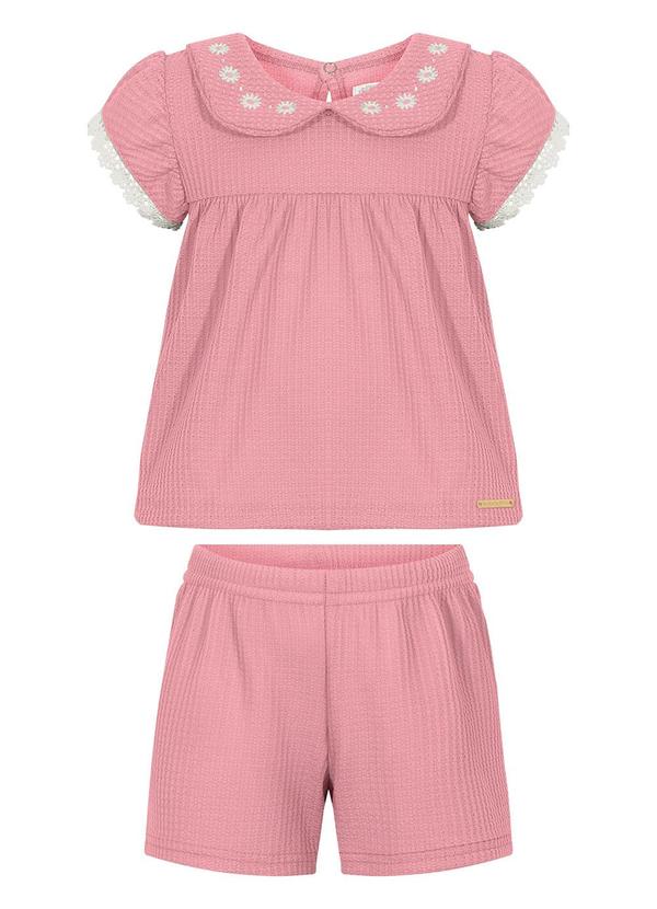 Conjunto Bebê com Blusa Bordada e Shorts Rosa