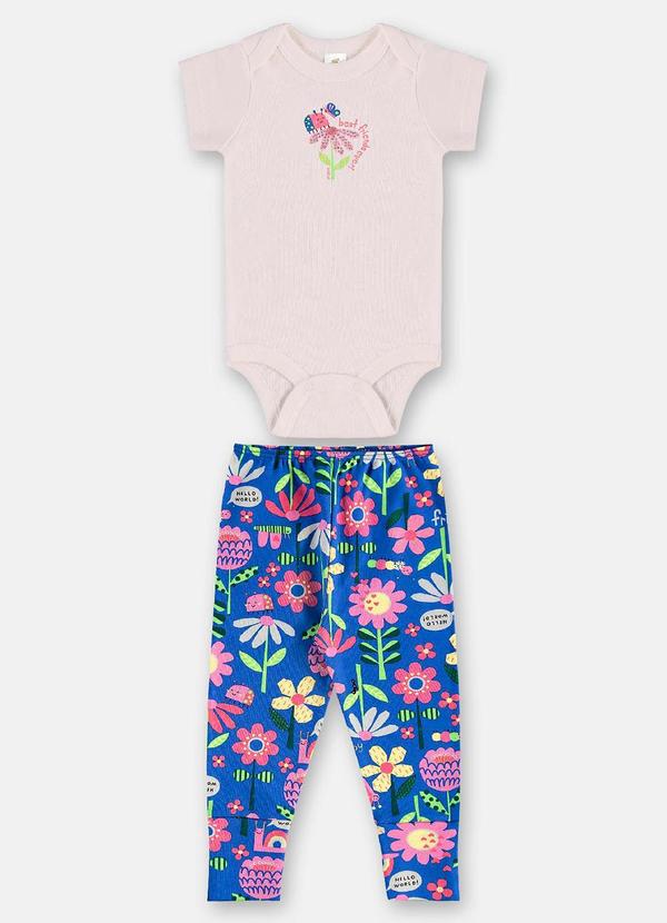 Conjunto Body Manga Curta e Calça FloralBranco