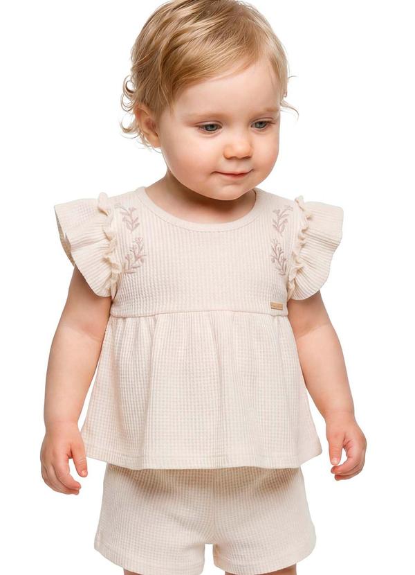 Conjunto Bebê Menina Malha Tricô Bordada Bege