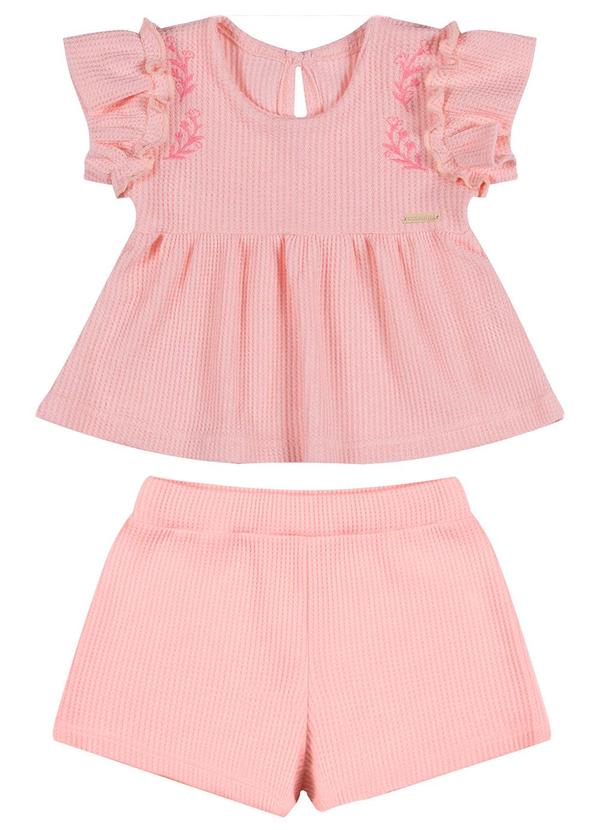 Conjunto Bebê Menina Malha Tricô Bordada Rosa