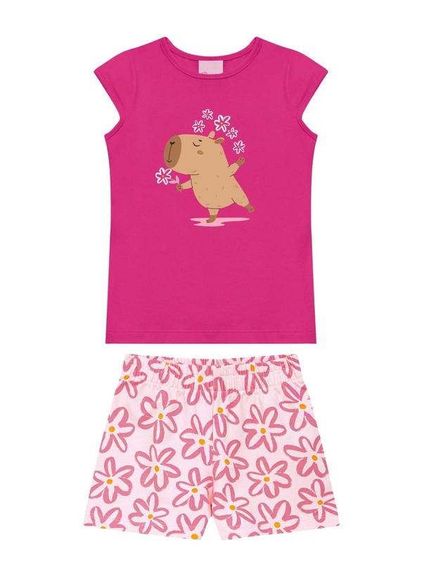 Conjunto Blusa Capivara Flores e Short Flor Rosa