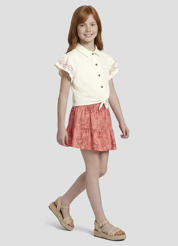 Conjunto Blusa Cotton e Shorts Saia Bege