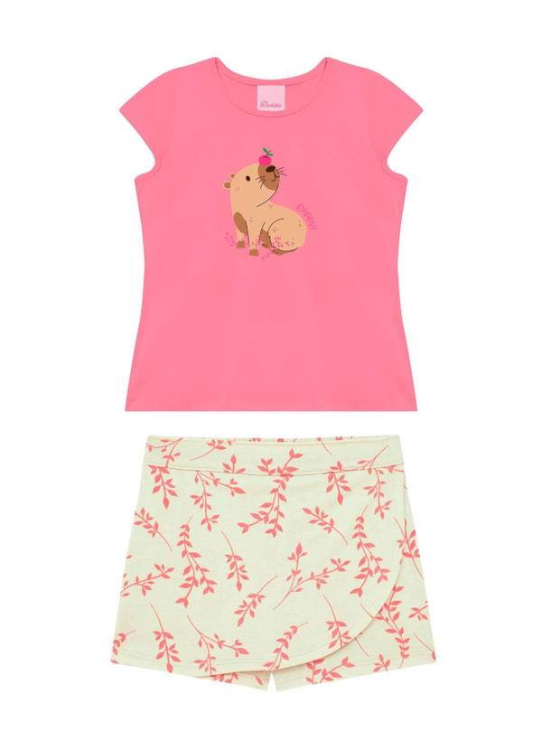 Conjunto Blusa Decote Redondo e Short Saia Rosa