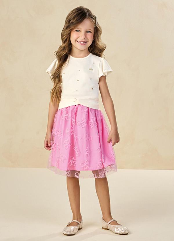 Conjunto Blusa e Saia em Tule Laços Bambina Bege