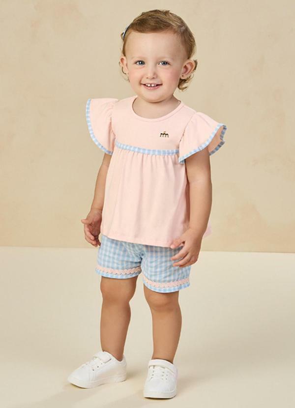 Vista 2 Conjunto Blusa e Shorts em Tricoline Vichy Rosa Milli E Nina Milli E Nina
