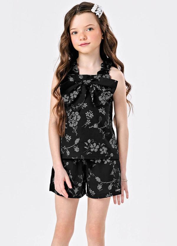 Conjunto Blusa e Shorts Popeline Floral Preto