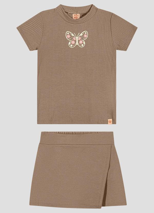 Conjunto Blusa e Shorts-Saia Sarjado Marrom
