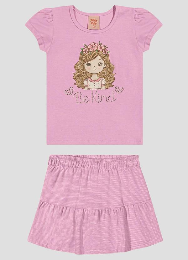 Conjunto Blusa em Cotton e Saia em Malha Rosa