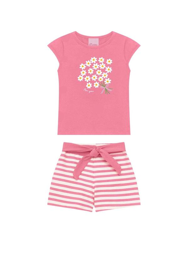 Conjunto Blusa Flores e Short com Cinto Rosa