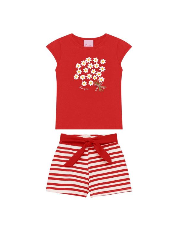 Conjunto Blusa Flores e Short com Cinto Vermelho