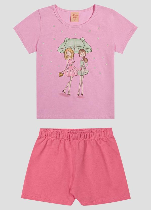 Conjunto Blusa Meia Malha e Shorts Rosa