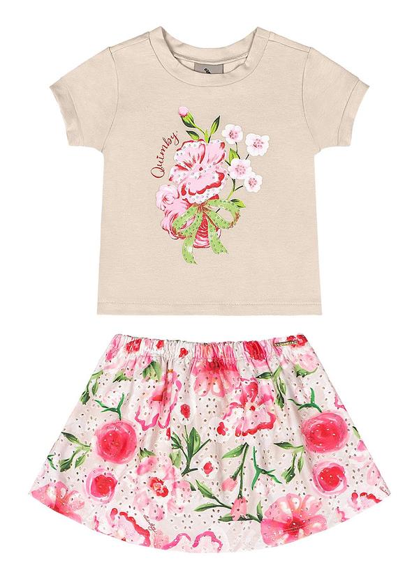 Conjunto Blusa Saia-Short Estampado Bege