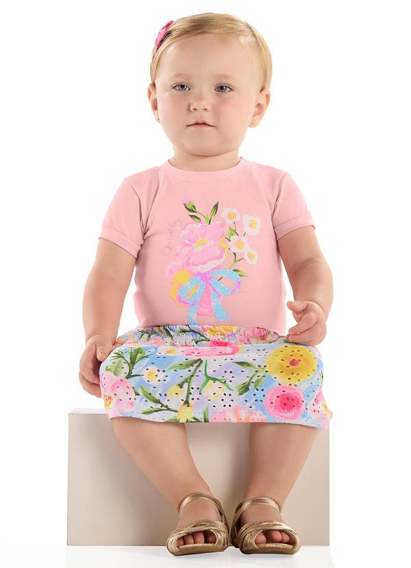 Conjunto Blusa Saia-Short Estampado Rosa