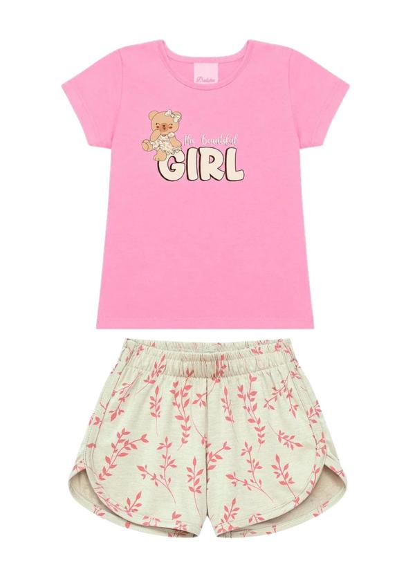 Conjunto Blusa Urso Girl e Short Folhas Rosa