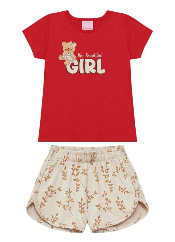 Conjunto Blusa Urso Girl e Short Folhas Vermelho