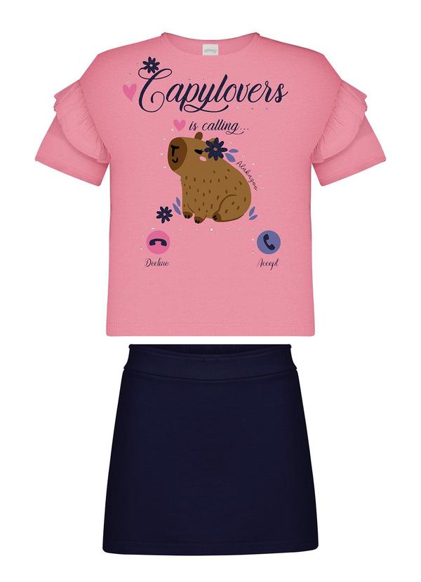 Conjunto com Blusa de e Shorts Saia Rosa