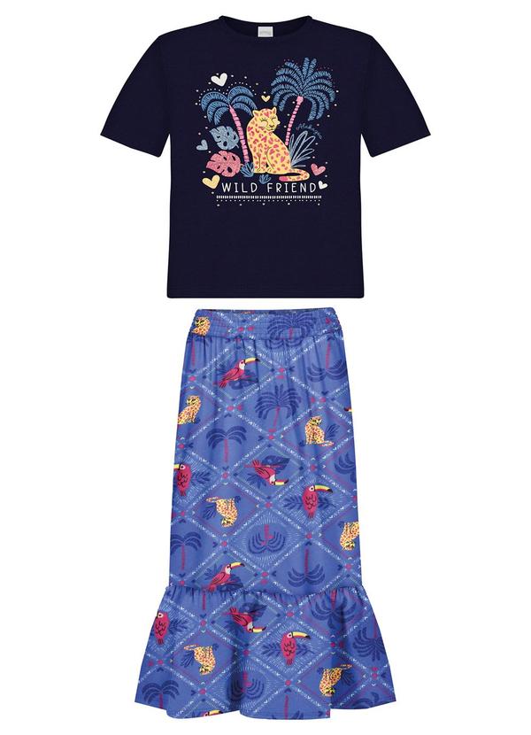 Conjunto com Blusa e Saia Midi Estampada Azul