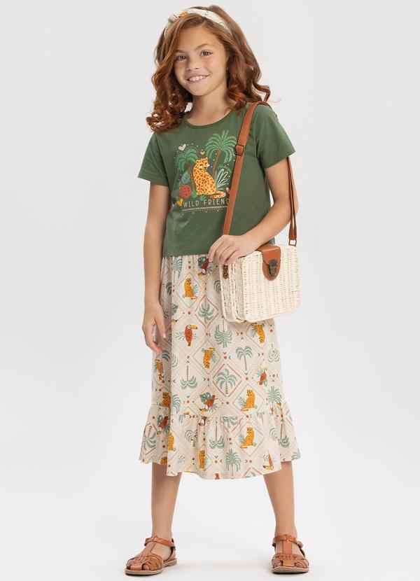 Conjunto com Blusa e Saia Midi Estampada Bege