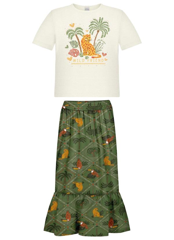 Conjunto com Blusa e Saia Midi Estampada Verde