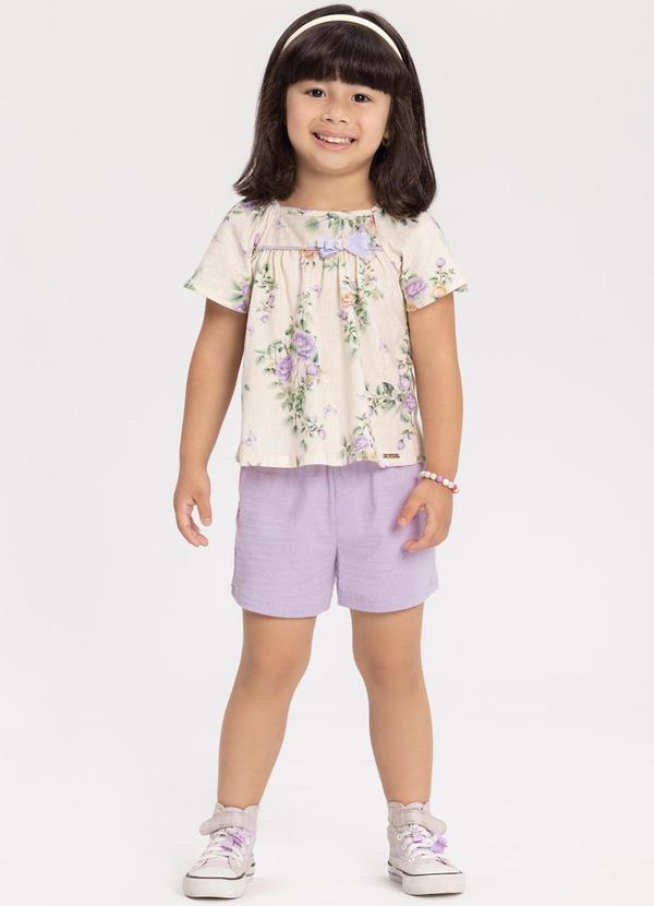 Vista 2 Conjunto com Blusa Estampada e Shorts Liso Bege Alakazoo Alakazoo