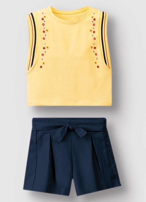 Conjunto com Bordado Floral Menina Amarelo