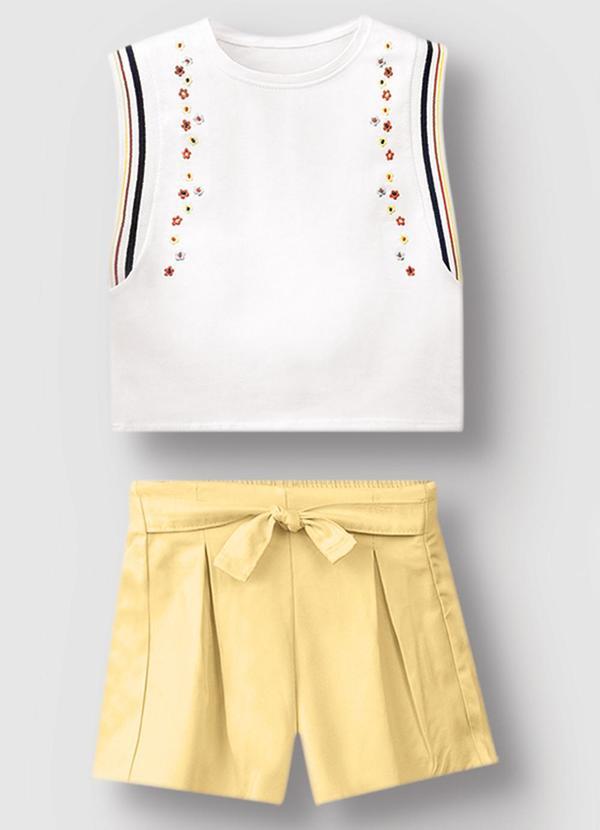 Conjunto com Bordado Floral Menina Branco