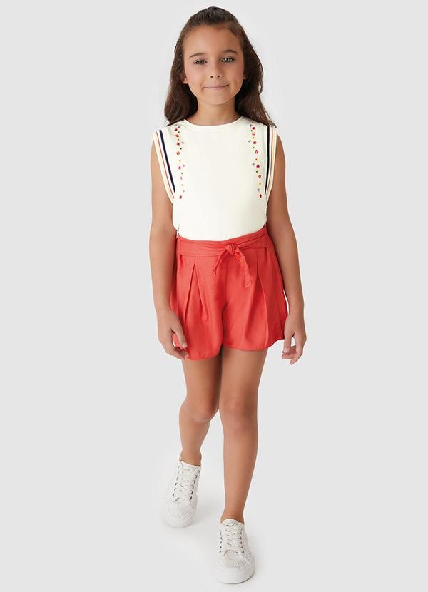 Conjunto com Bordado Floral Menina Off White