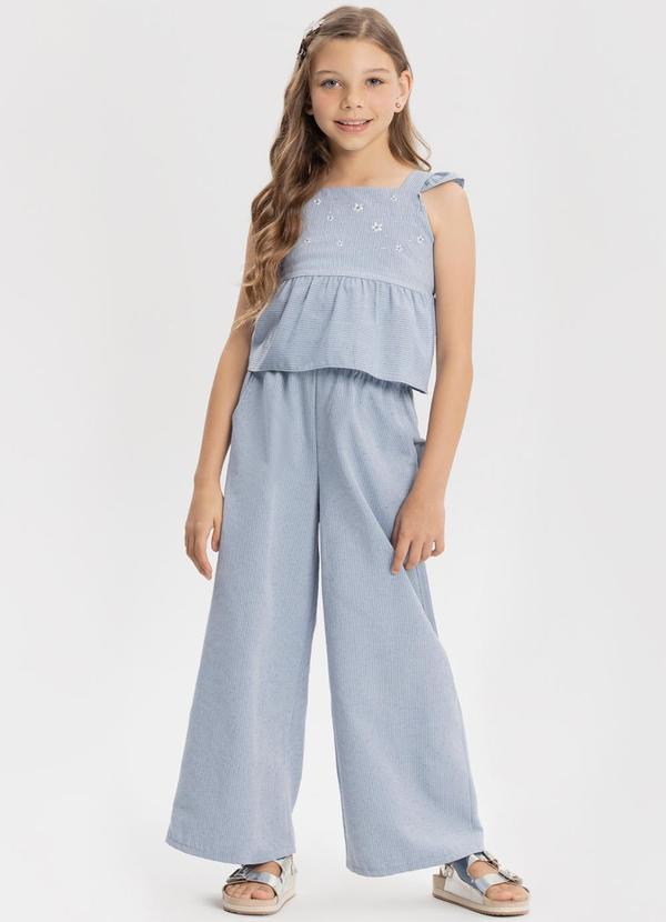 Conjunto com Calça e Blusa Bordada de Alças Azul