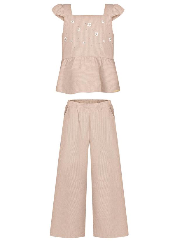 Conjunto com Calça e Blusa Bordada de Alças Bege