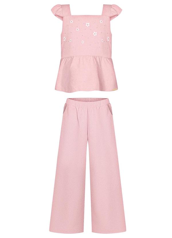 Conjunto com Calça e Blusa Bordada de Alças Rosa