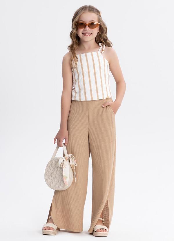 Conjunto com Calça e Blusa de Alças Crochê Bege